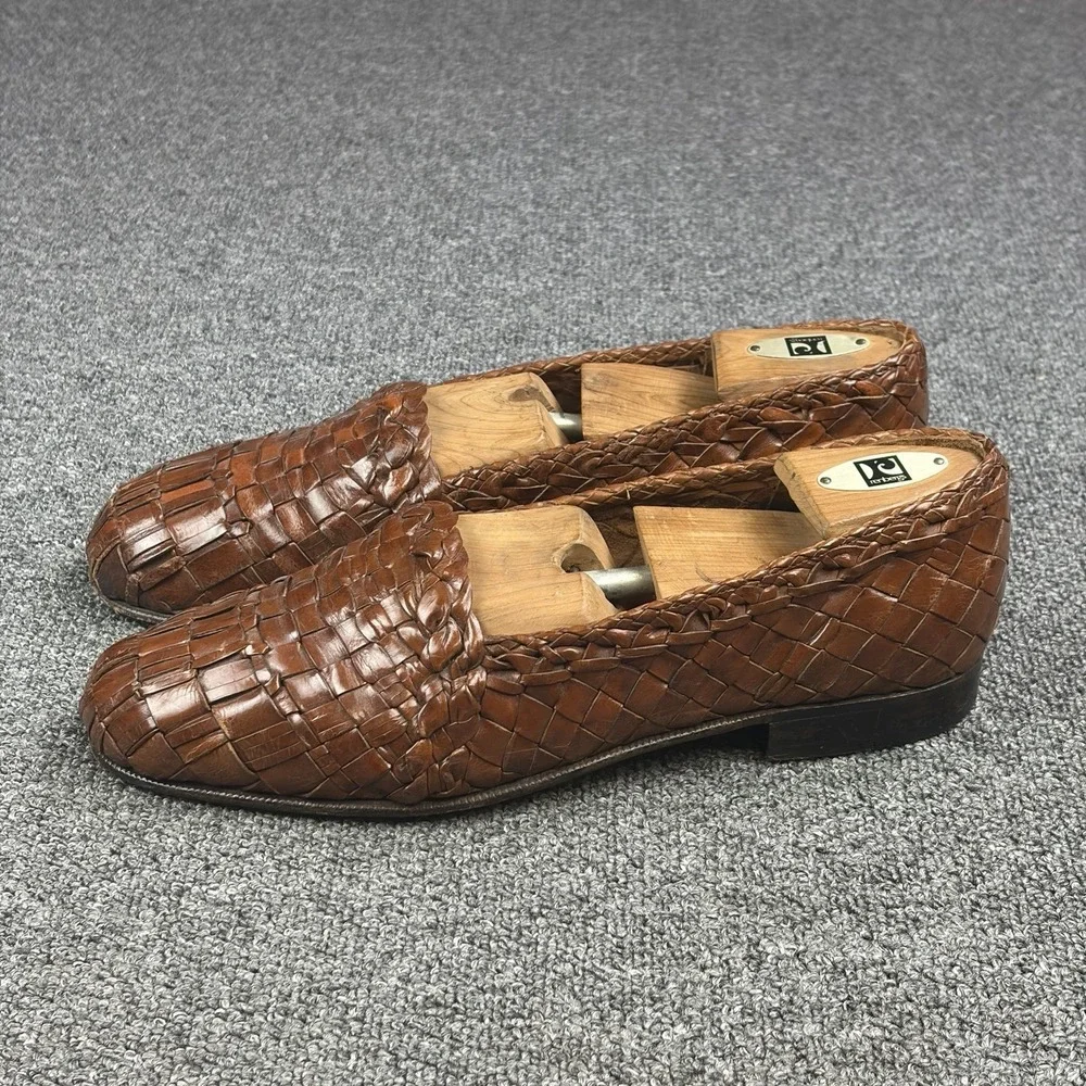 Moreschi Woven Leather Loafers Mens 10 Brown Handmade Italy Basket Weave Slip On